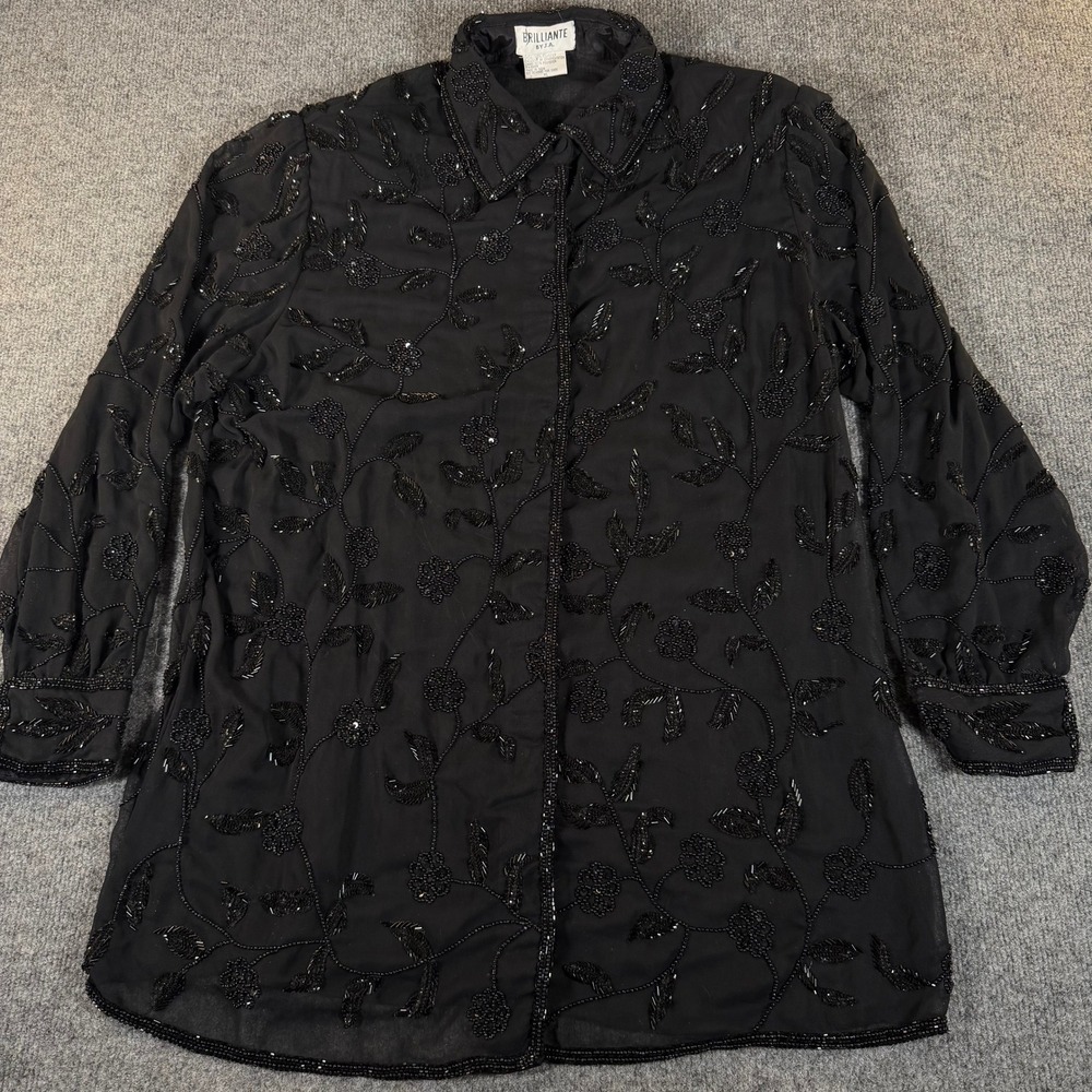Brilliante by JA Womens XL Black Beaded Sequin Sheer Button Front Blouse 3518